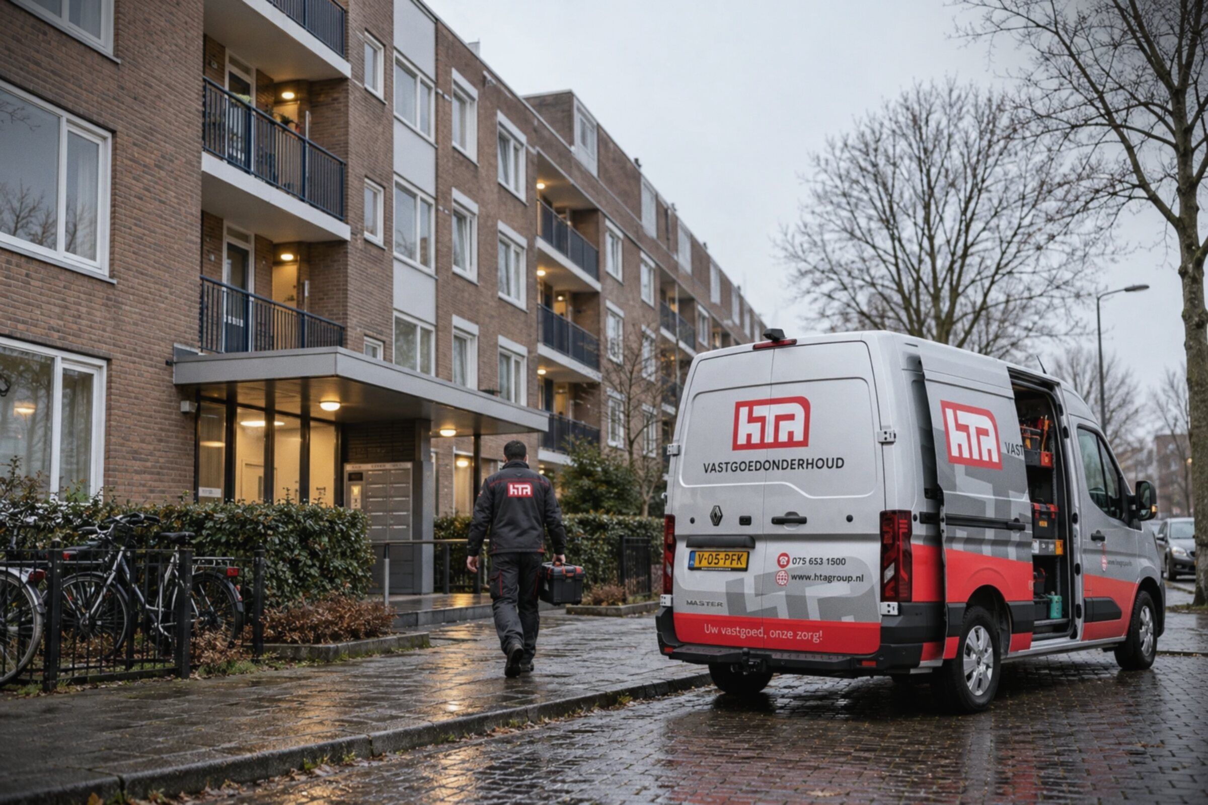 Servicebus van HTA Vastgoedonderhoud bij een woningcomplex